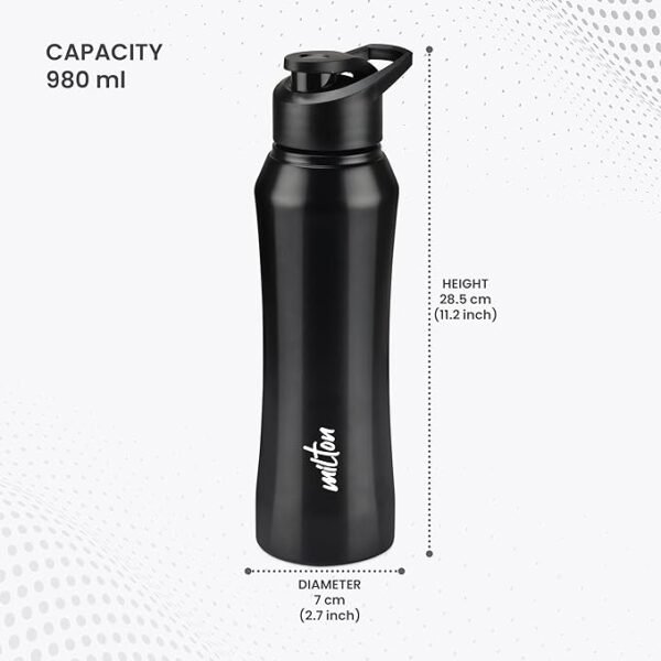 MILTON Comet 1000 Single Wall Stainless Steel Water Bottle, 980 ml, Black - Image 3