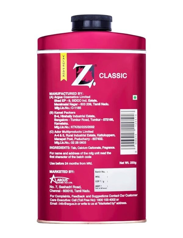 Z Men's Classic Talc, 250g, Long Lasting Fragrance for Summer, Men Talcum powder for Face and Body (Pack of 1) - Image 2