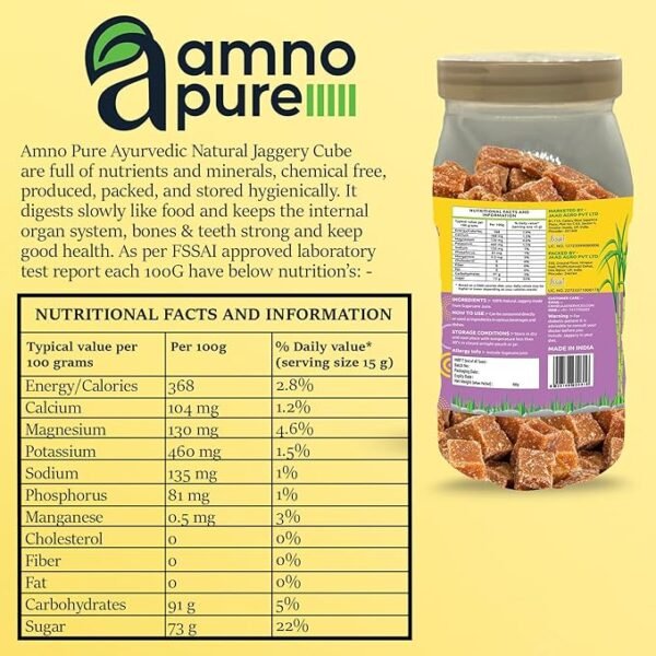 Amno Pure Natural Suagar Cane Jaggery 100G Cube | Cholestrol free,Full of Nutrients & 100% Natural - 900G Pet Jar - Image 3