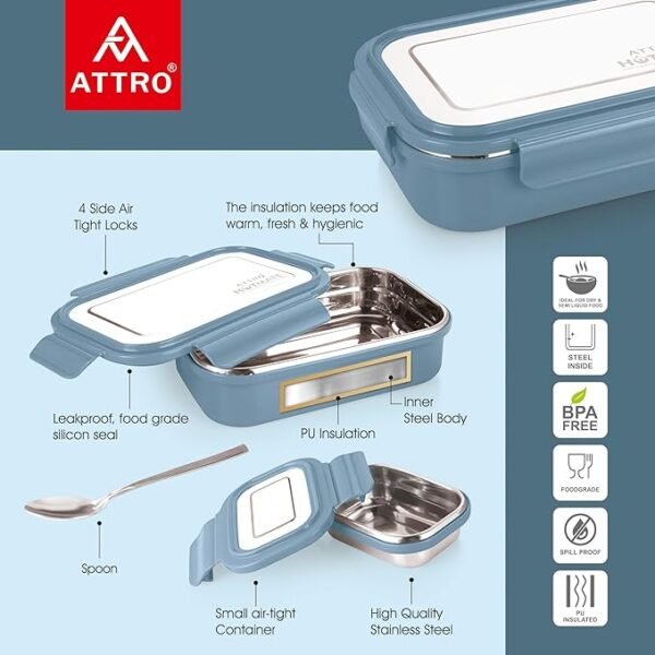 Attro Hotmate Stainless Steel, Leak-Proof Lunch Box Unbreakable Lid,Snacks Tiffin for800 Ml - Pastel Blue - Image 6