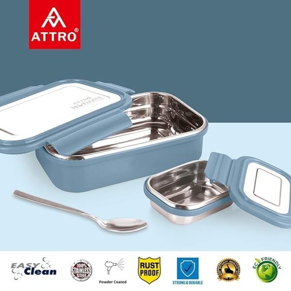 Attro Hotmate Stainless Steel, Leak-Proof Lunch Box Unbreakable Lid,Snacks Tiffin for800 Ml - Pastel Blue - Image 5