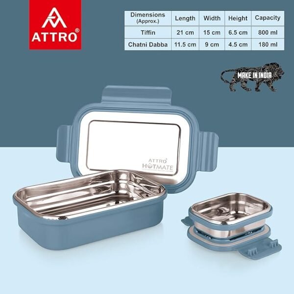 Attro Hotmate Stainless Steel, Leak-Proof Lunch Box Unbreakable Lid,Snacks Tiffin for800 Ml - Pastel Blue - Image 4