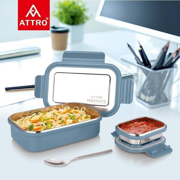 Attro Hotmate Stainless Steel, Leak-Proof Lunch Box Unbreakable Lid,Snacks Tiffin for800 Ml - Pastel Blue