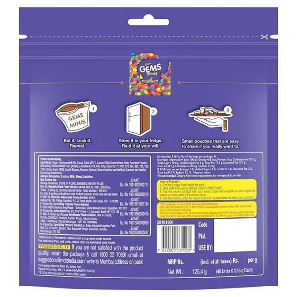 Cadbury Gems Chocolate Home Treats Pack, 142.2g/126.4g (Grammage may vary) - Image 3