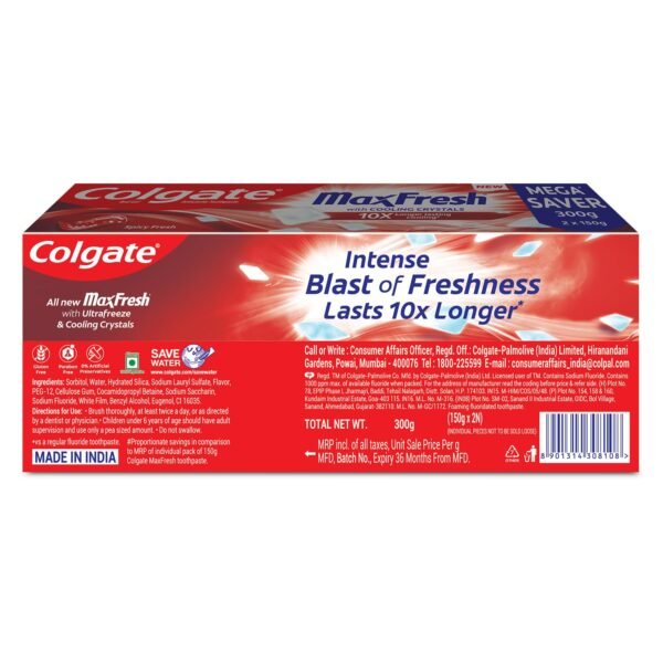 Colgate MaxFresh Toothpaste, Red Gel Paste with Menthol for Super Fresh Breath, 300g, 150g X 2 (Combo Pack) - Image 2