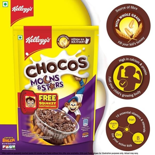 Kellogg's Chocos Moons & Stars with Free Squeezy Sanitiser Band for Kids | Whole Grain - 23 g