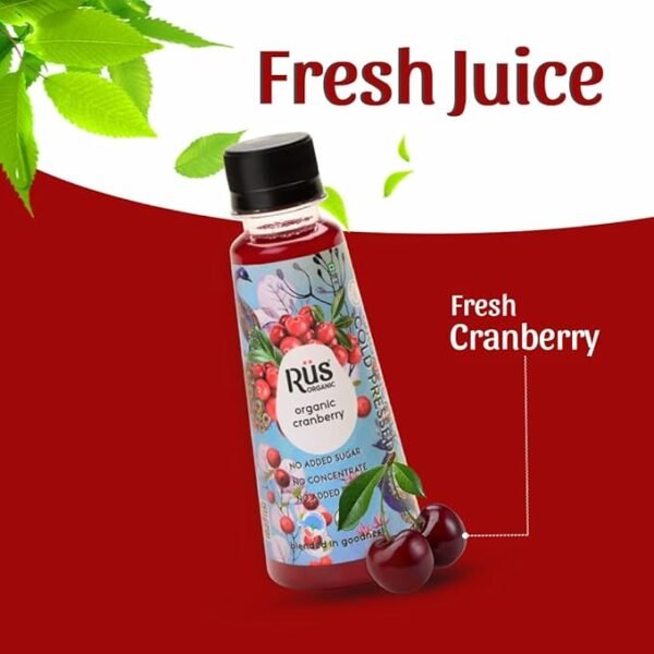 Rus Organic Pure Cranberry Juice - Pack Of (8 X 200 Ml) Bottle - Cold Pressed Juice - Natural Antioxidants - Image 3