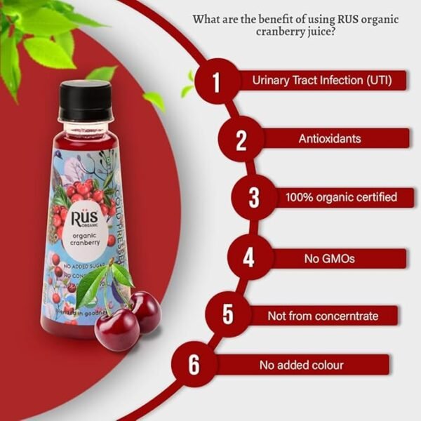 Rus Organic Pure Cranberry Juice - Pack Of (8 X 200 Ml) Bottle - Cold Pressed Juice - Natural Antioxidants - Image 2